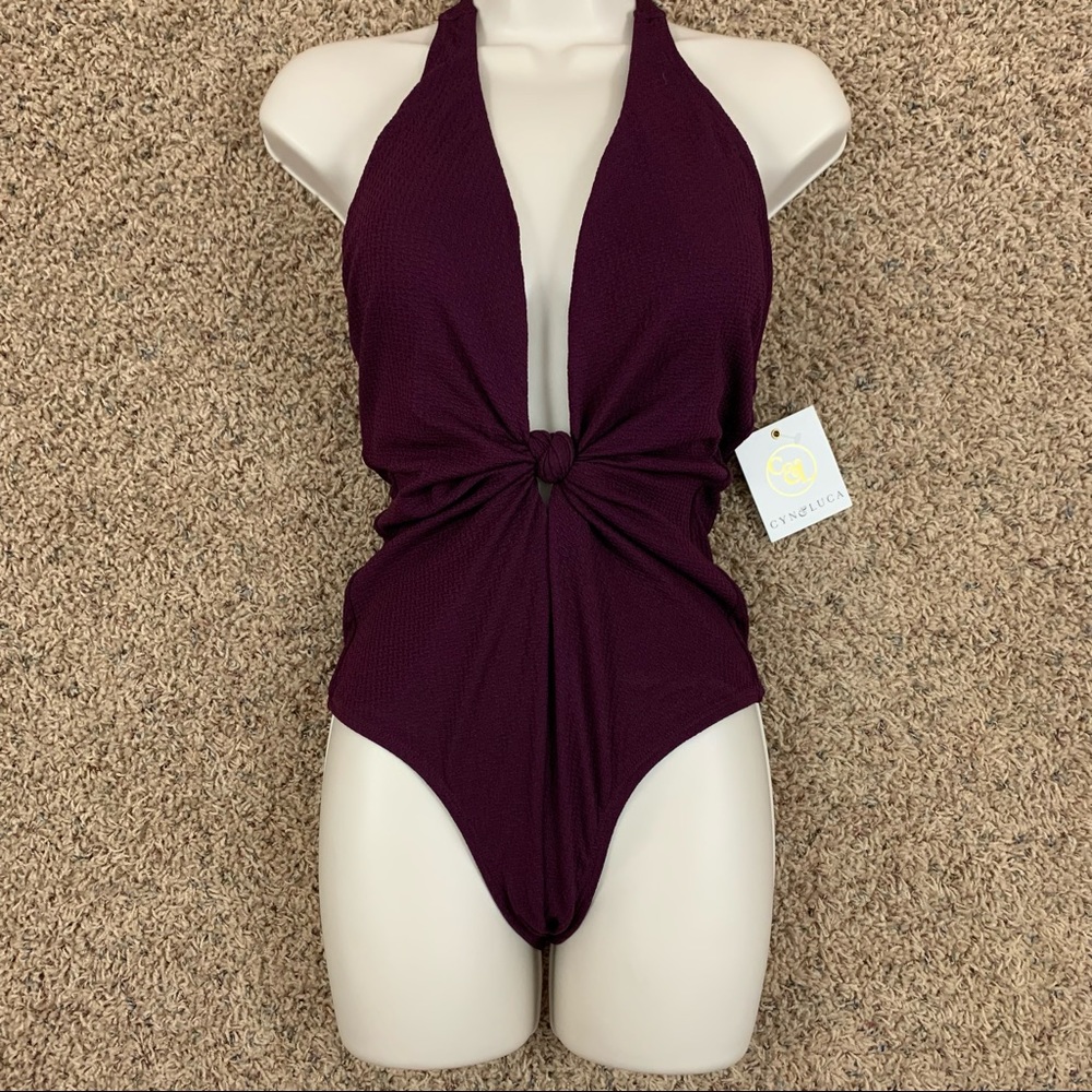 Cynthia Rowley Plum Halter One-Piece Swimsuit with Front Knot
